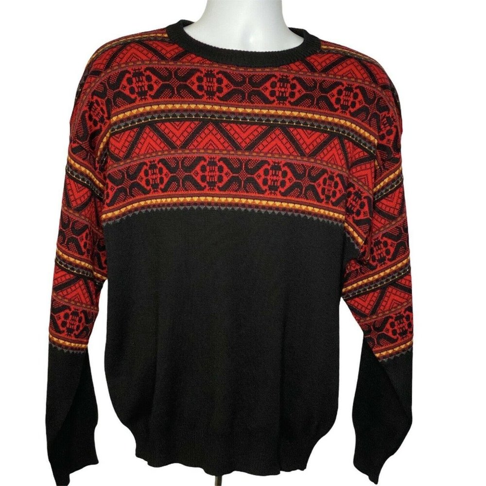 Vintage Demetre Ski Sweater Large Black Red Fair Isle Knit Wool Acrylic 90's
